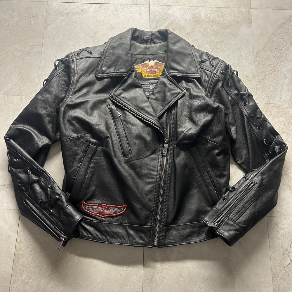 Harley-Davidson Leather Motorcycle Jacket Black Women Size S Lace Up Biker Moto